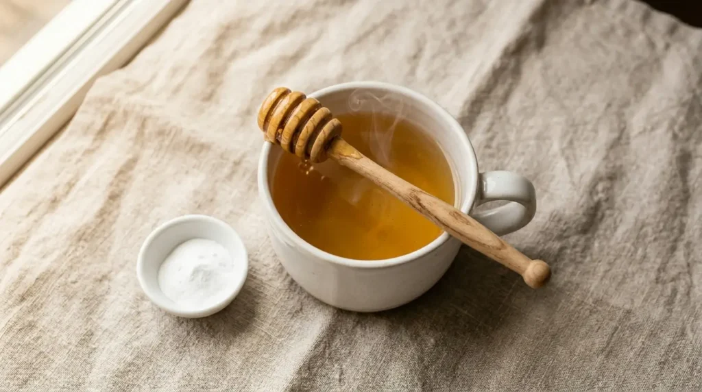 A white ceramic mug of warm honey water with a honey dipper resting across the rim and a small dish of baking soda beside it on a linen cloth