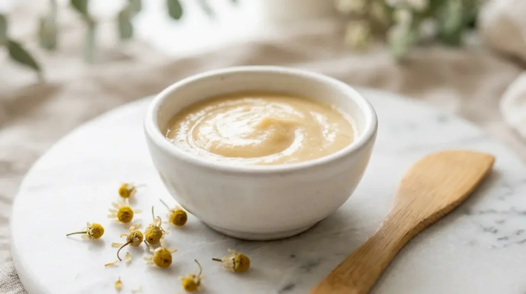 A small white ceramic bowl filled with a pale-gold baking soda and honey paste, with a bamboo spatula and dried chamomile flowers on a white marble surface