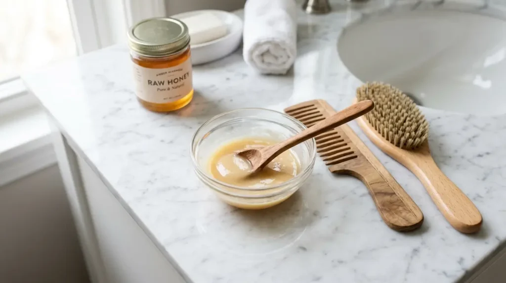 A glass bowl of pale-gold baking soda and honey paste on a marble bathroom counter next to a wooden wide-tooth comb and a natural hair brush
