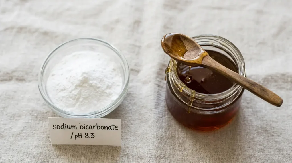 A glass bowl of white baking soda powder beside a jar of raw amber honey with a wooden spoon, photographed on linen with soft overhead light