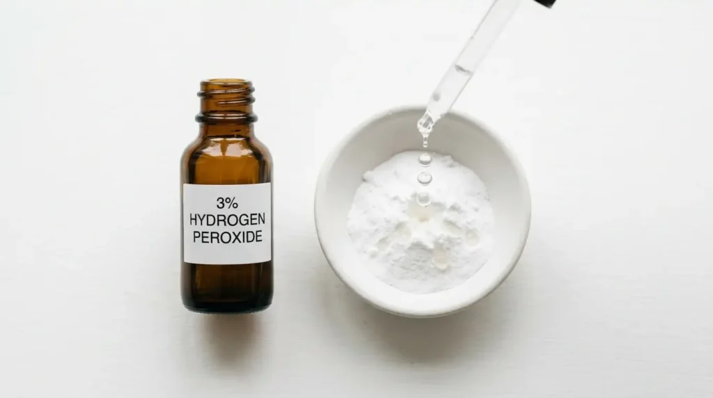 A brown dropper bottle of 3% hydrogen peroxide next to a bowl of baking soda powder on a white surface