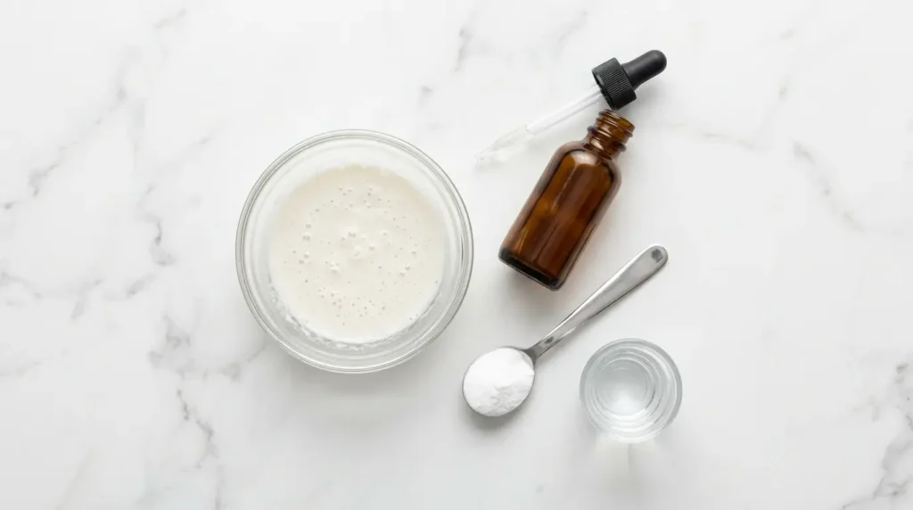Small glass bowl of whitening paste made from baking soda and hydrogen peroxide, with a dropper bottle and teaspoon of baking soda on white marble