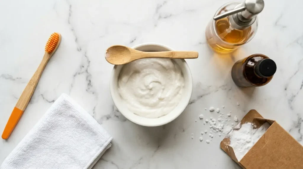 Overhead flat-lay of baking soda paste in a white ceramic bowl surrounded by cleaning tools on a marble countertop