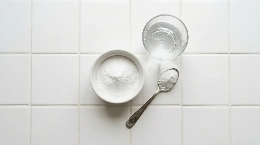 White ceramic ramekin with freshly mixed baking soda and water paste beside a teaspoon of baking soda on a white tile surface