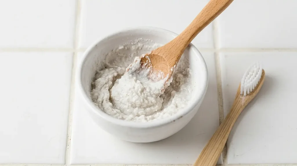 Close-up of a white paste made from baking soda and water in a small bowl, with a toothbrush ready beside it