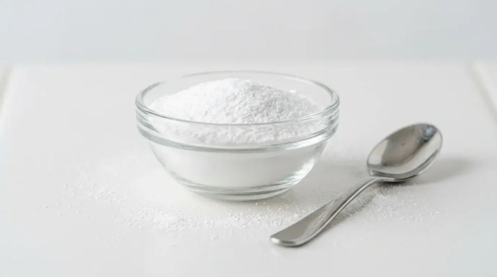 Close-up of fine white baking soda powder in a glass bowl with a silver teaspoon on a white ceramic surface