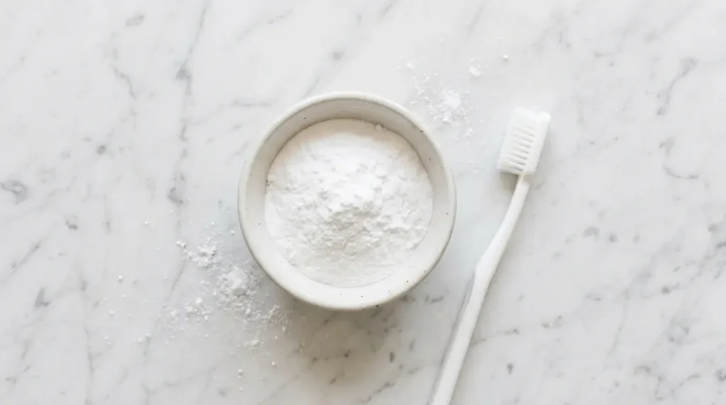 A small glass bowl of white baking soda powder next to a soft-bristled toothbrush on a clean white marble surface