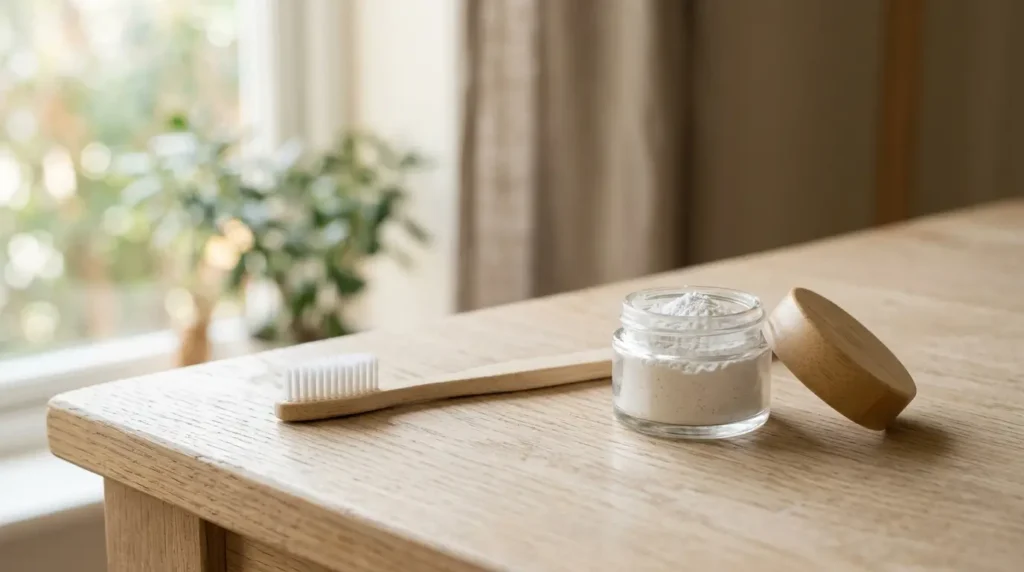 Soft-bristled toothbrush resting on a wooden surface next to a small container of baking soda, emphasizing gentle use