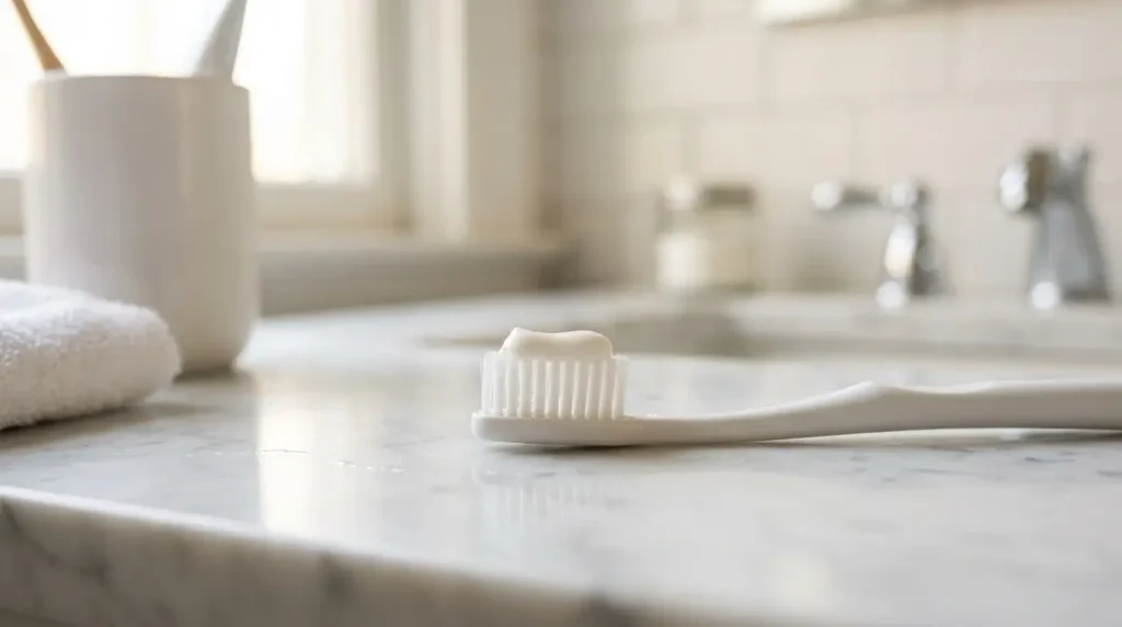 A white toothbrush with a small amount of white toothpaste applied, photographed on a clean bathroom countertop