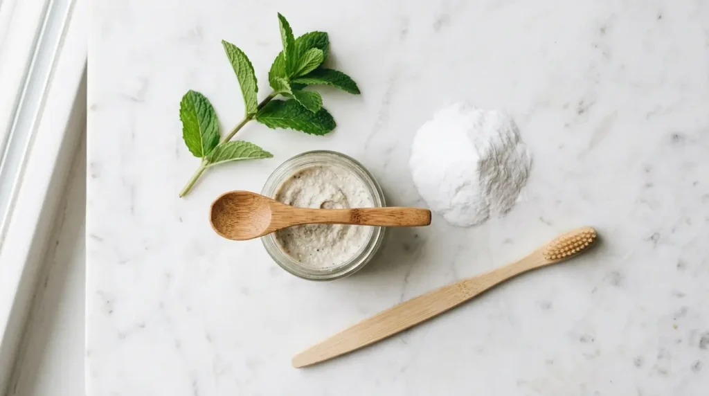 Glass jar of homemade baking soda toothpaste paste with a wooden spoon, fresh peppermint, and a soft toothbrush on white marble