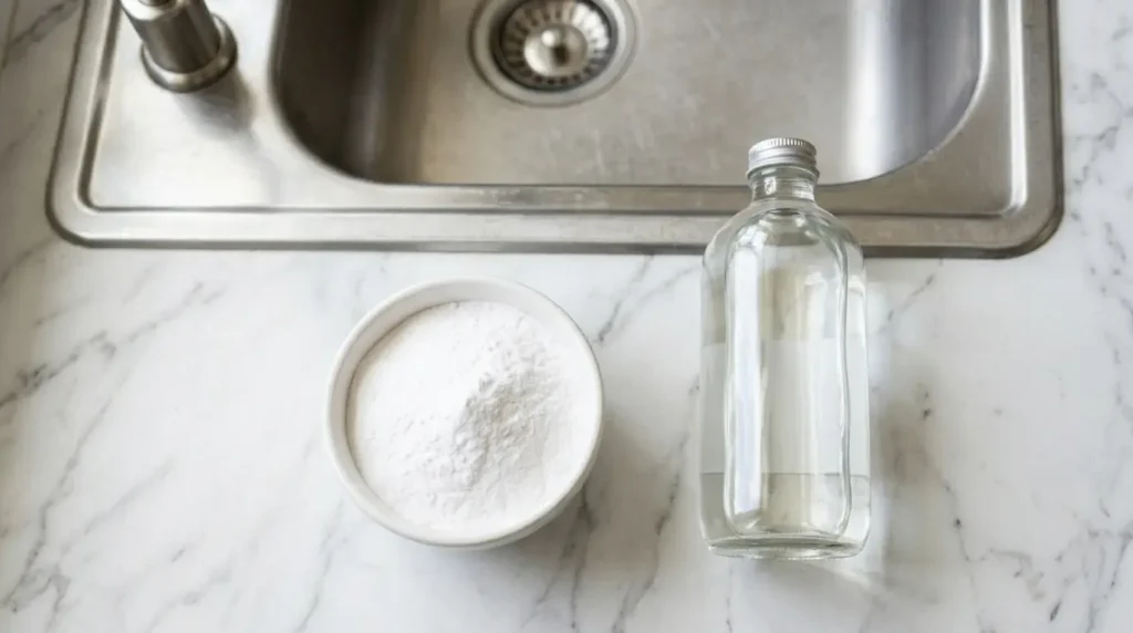 Baking soda and white vinegar next to a kitchen sink drain ready for cleaning