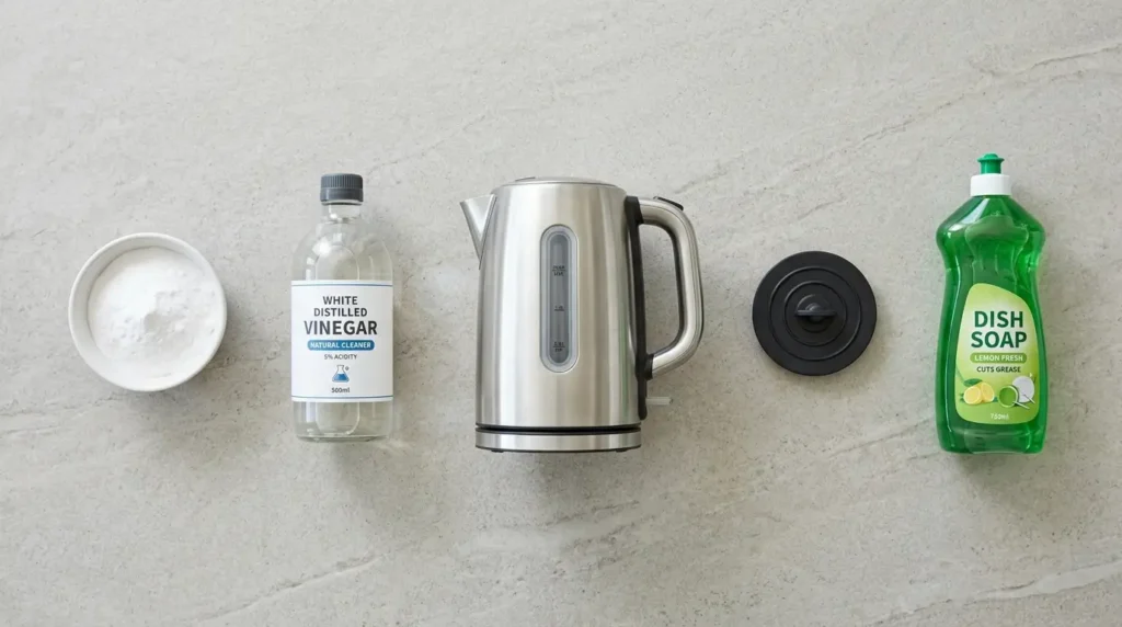 Flat lay of baking soda, white vinegar, boiling water kettle, drain stopper, and dish soap needed for drain cleaning