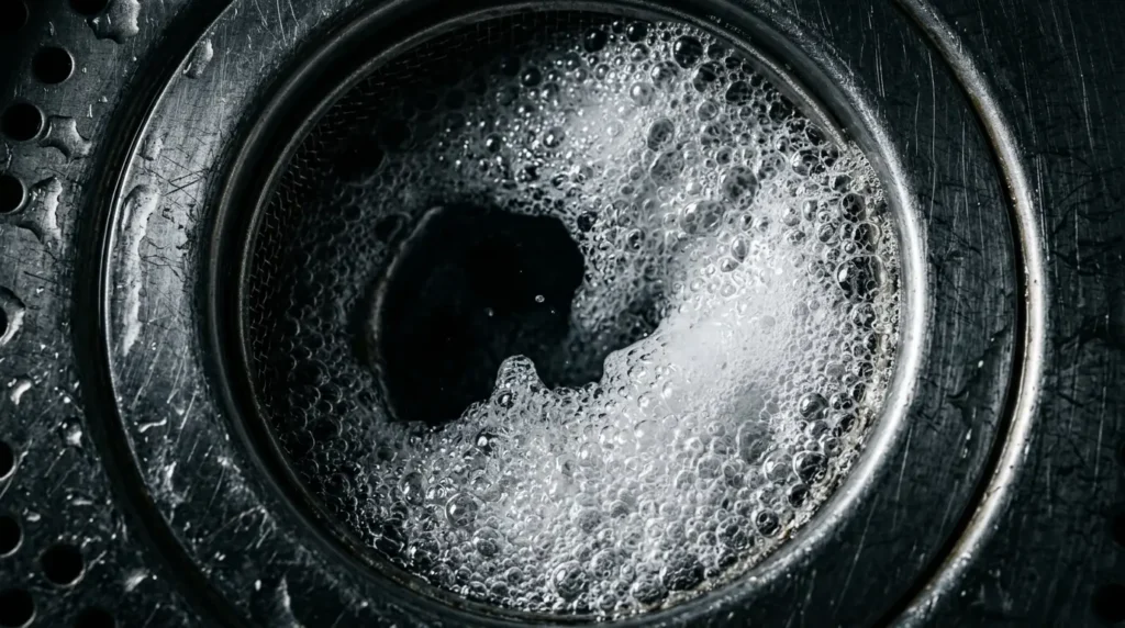 White fizzing foam bubbling up from a drain as baking soda and vinegar react inside the pipe