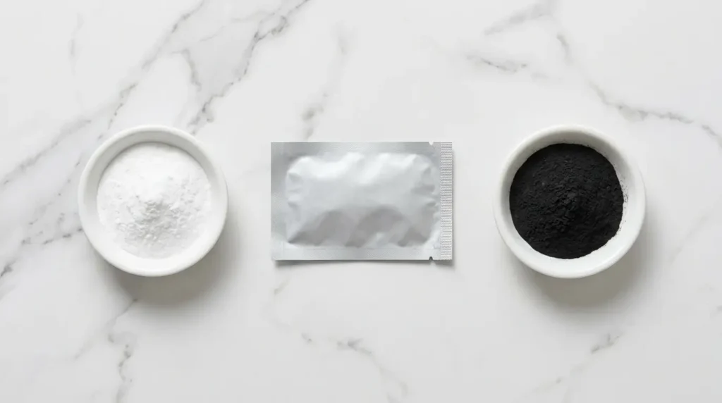 Three at-home teeth whitening options displayed side by side: a bowl of baking soda, a whitening strip packet, and activated charcoal powder