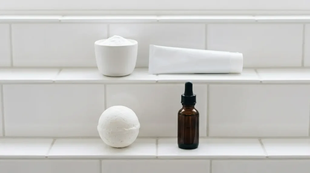Four baking soda wellness products arranged on a white tiled shelf — toothpaste, bath bomb, tonic, and powder