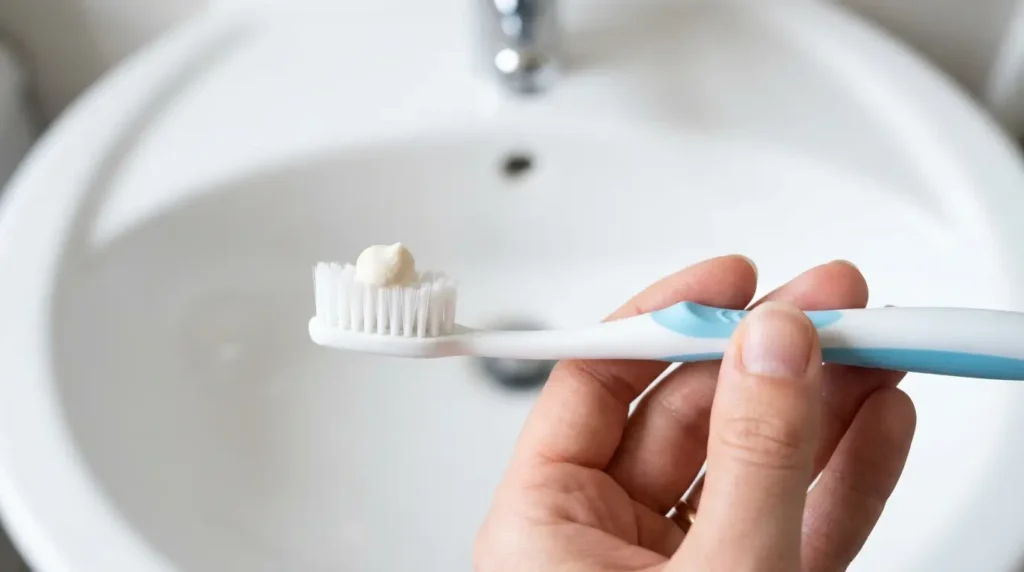 Hand holding a soft-bristle toothbrush with a pea-sized amount of off-white baking soda toothpaste on the bristles over a white sink
