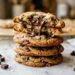 Stack of four classic chocolate chip cookies on marble, the top one broken in half showing a molten chocolate center and golden-brown caramelized edges