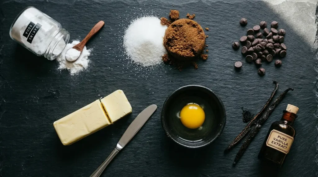 Overhead flat-lay on dark slate of the six key chocolate chip cookie ingredients — baking soda, butter, white and brown sugars, egg, vanilla, and chocolate chips — each displayed individually with dramatic moody lighting