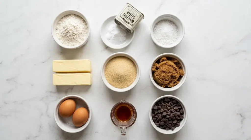 Overhead flat-lay of nine pre-measured ingredients for chocolate chip cookies — flour, baking soda, salt, butter, white sugar, brown sugar, eggs, vanilla, and chocolate chips — in white ceramic bowls on marble