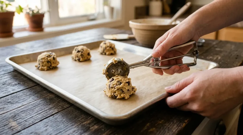 Hands using a cookie scoop to portion chocolate chip cookie dough onto a parchment-lined baking sheet, with three dough balls already placed and spaced apart