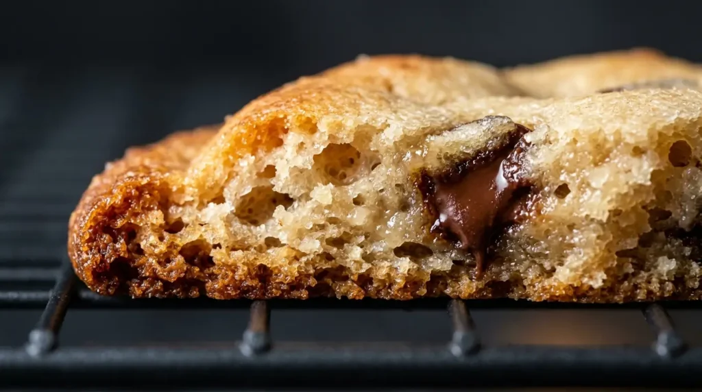 Extreme macro close-up of a chocolate chip cookie edge on a wire rack, showing the deep amber caramelization of the crust transitioning to a pale, chewy interior crumb