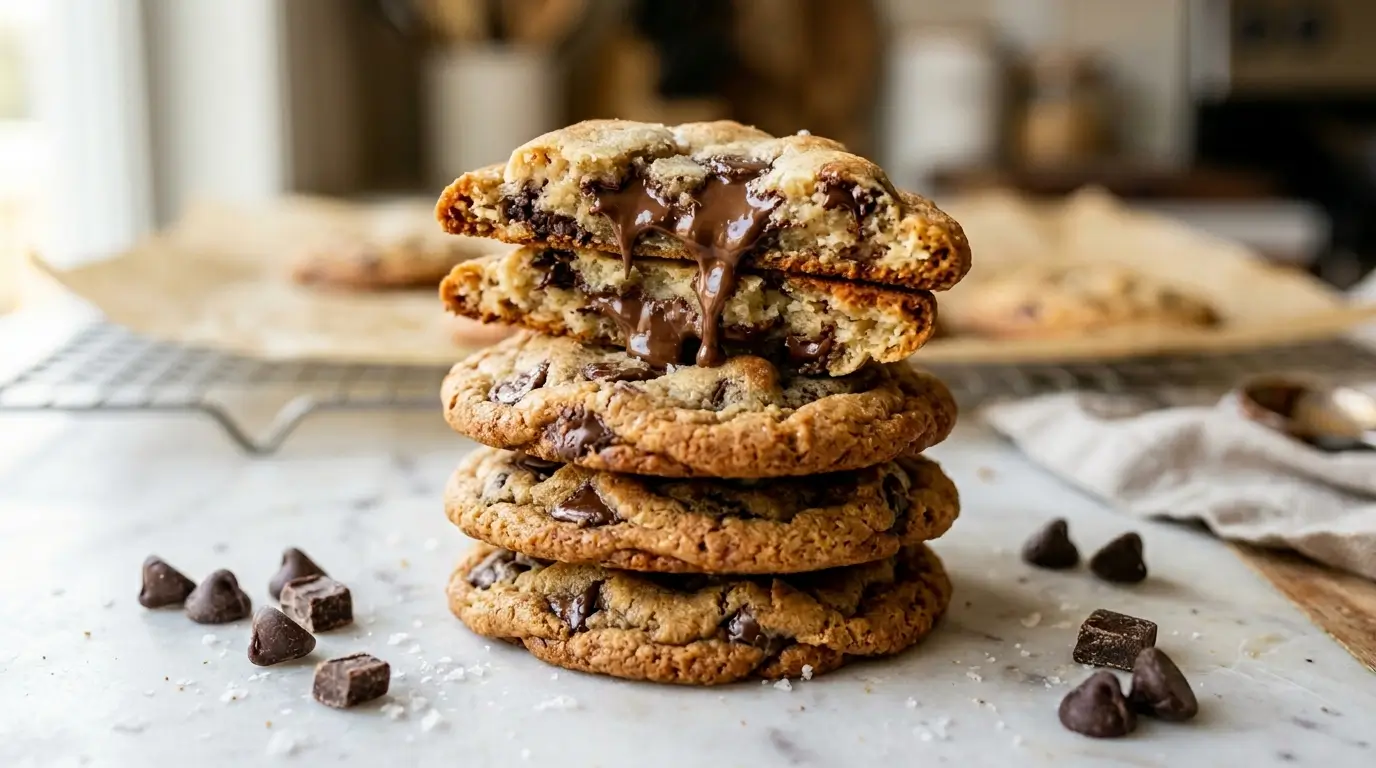Stack of four classic chocolate chip cookies on marble, the top one broken in half showing a molten chocolate center and golden-brown caramelized edges