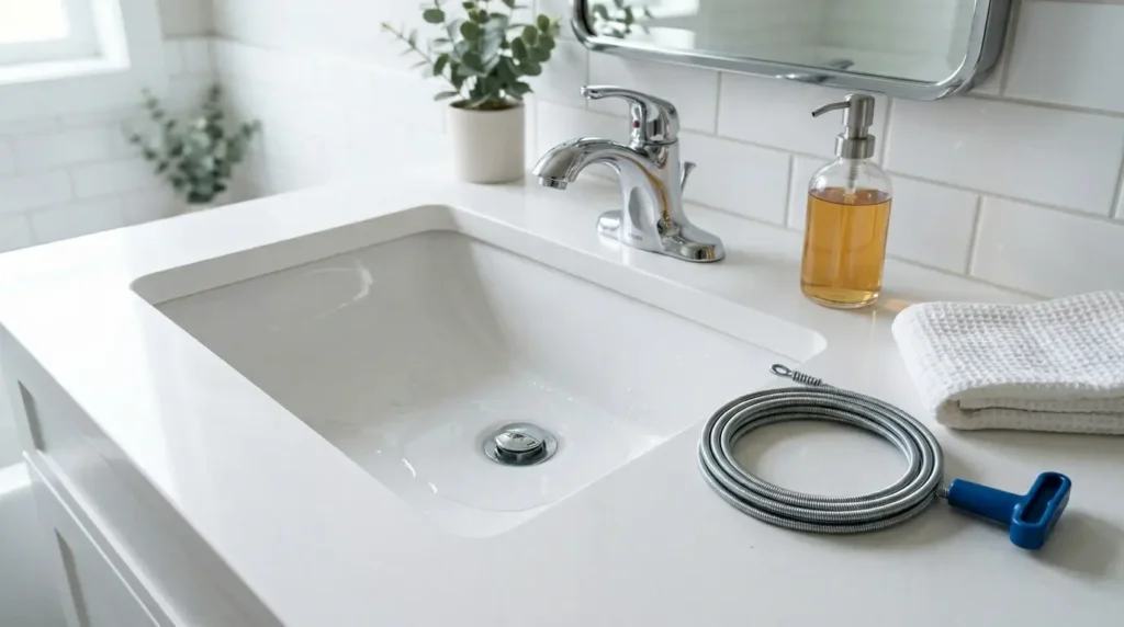 A drain snake tool next to a clogged bathroom sink drain showing standing water