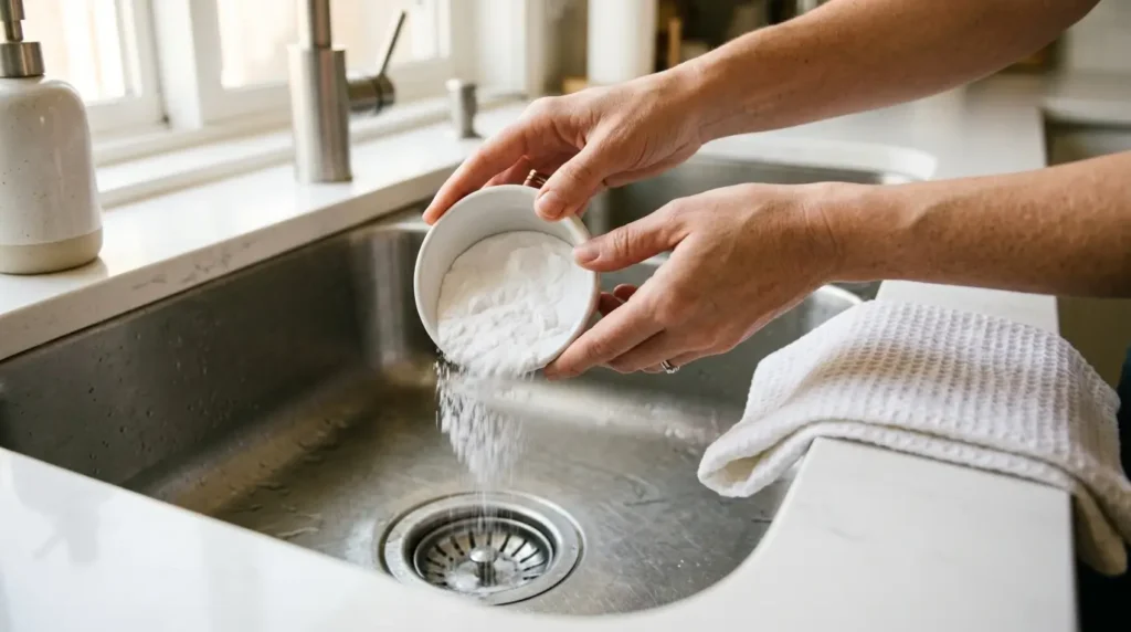 Hands pouring baking soda down a kitchen sink drain with a folded cloth ready to seal it