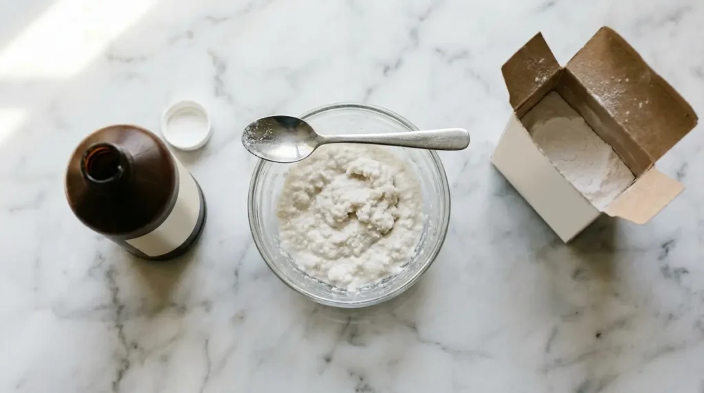 Small glass bowl of thick white baking soda and hydrogen peroxide paste on a white marble surface, with a brown hydrogen peroxide bottle and open baking soda box alongside