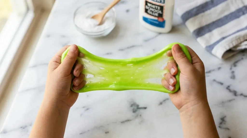 Child's hands stretching glossy green baking soda slime over a white marble surface with a bowl of baking soda in the background