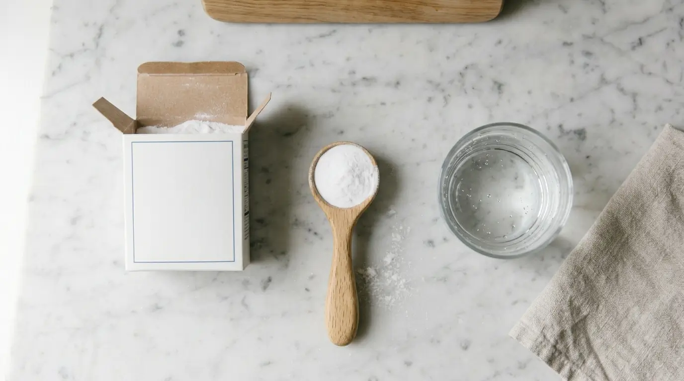 Open box of baking soda with a spoon and a glass of water on a kitchen counter