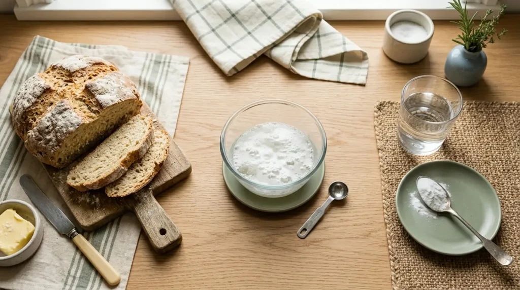 Flat-lay showing baking soda's everyday uses — a loaf of soda bread, a fizzing vinegar-and-baking-soda mixture, and a glass of water with baking soda