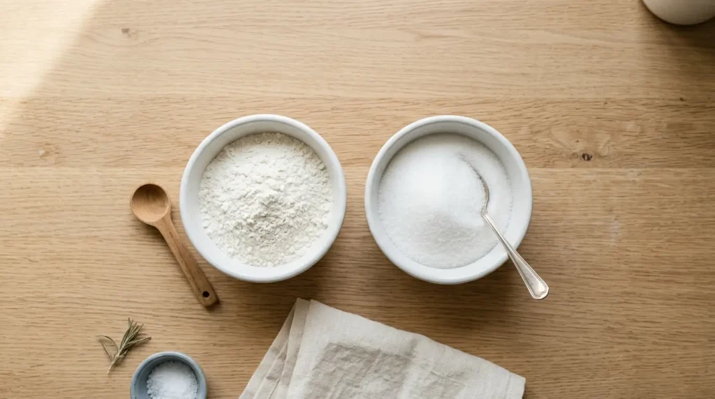 Two bowls of fine white powder side by side, representing a visual comparison between baking soda and baking powder