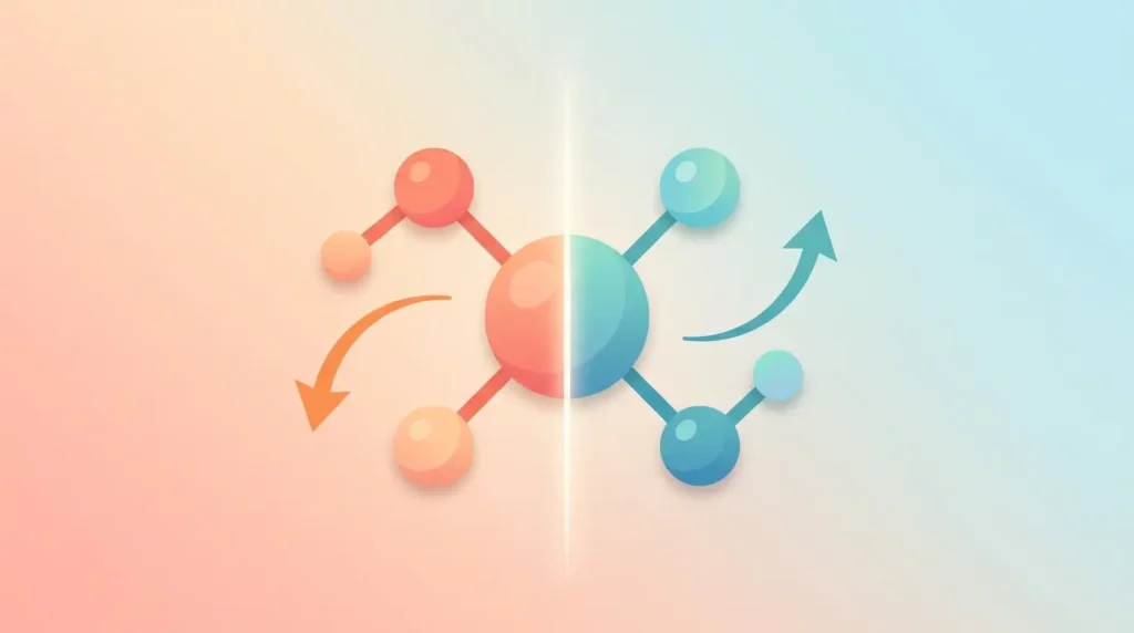 Illustration of a molecule split into warm and cool halves with opposing arrows, representing bicarbonate's amphiprotic ability to act as both acid and base