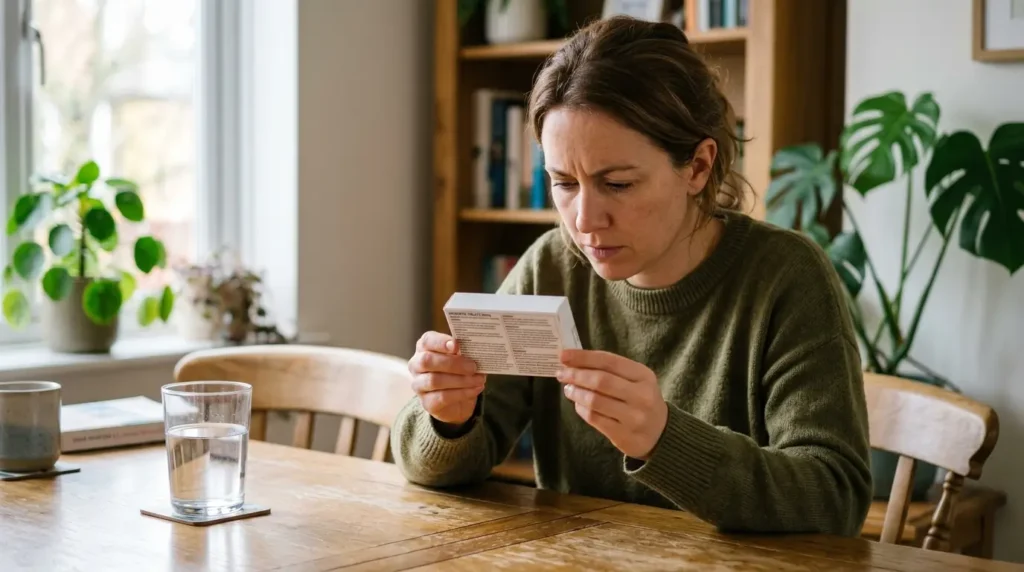Person reading the warning label on a medicine box before taking it
