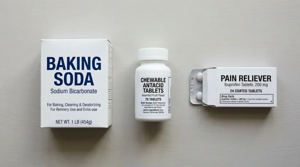 Baking soda next to other over-the-counter antacid options like tablets and capsules