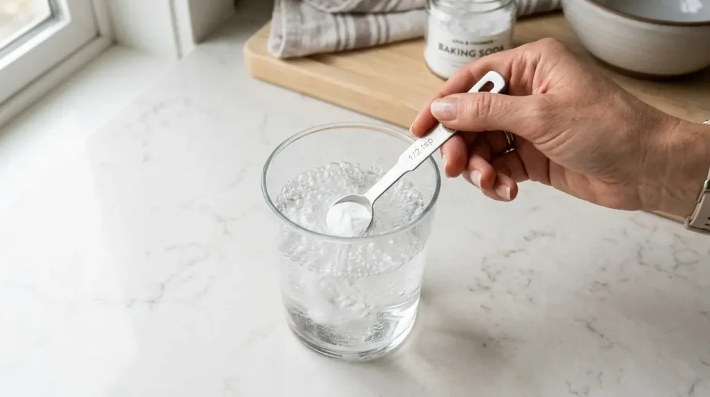 Hand stirring baking soda into a glass of water until fully dissolved