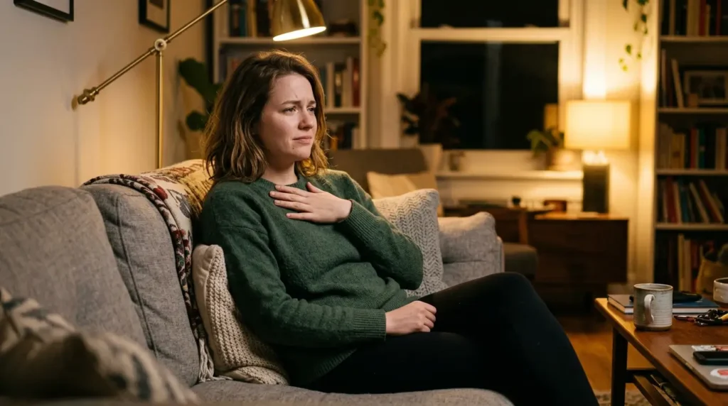 Person sitting on a couch with a hand on their chest due to heartburn