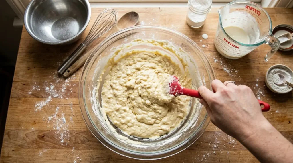 Folding fluffy pancake batter together in a glass bowl with a spatula
