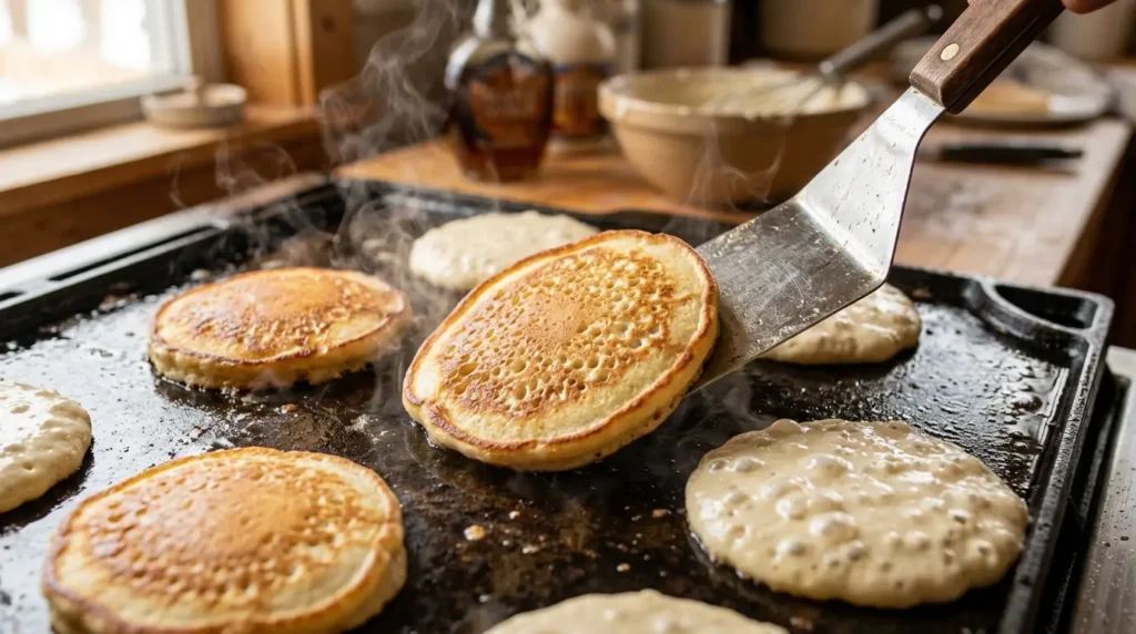 Golden pancakes cooking and bubbling on a griddle, ready to flip