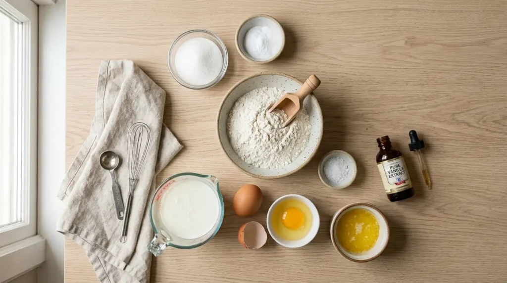 Flour, buttermilk, eggs, baking soda, sugar, and butter laid out for pancakes