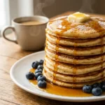 Stack of fluffy baking soda pancakes topped with melted butter and maple syrup