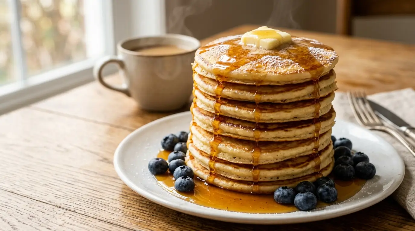 Stack of fluffy baking soda pancakes topped with melted butter and maple syrup
