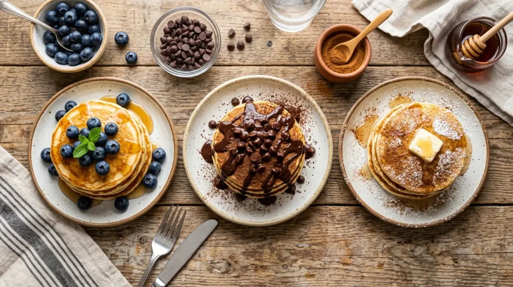 Three pancake stacks with blueberry, chocolate chip, and cinnamon variations